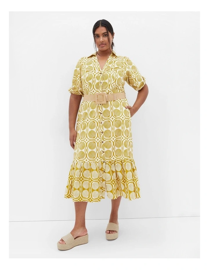 Anna Seashell Print Sleeved Dress in Yellow image 1