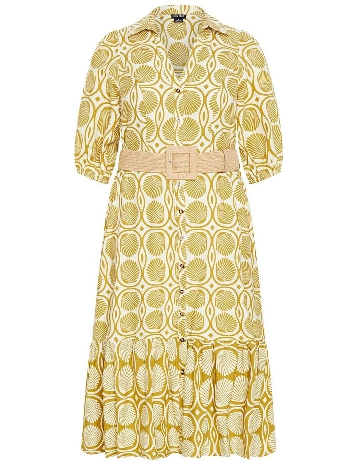 Anna Seashell Print Sleeved Dress in Yellow image 3