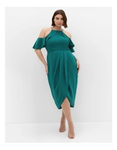 Love Siren Ruffle Shoulder Dress in Forest Green