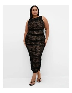 Halo Ruched Lace Midi Dress in Black