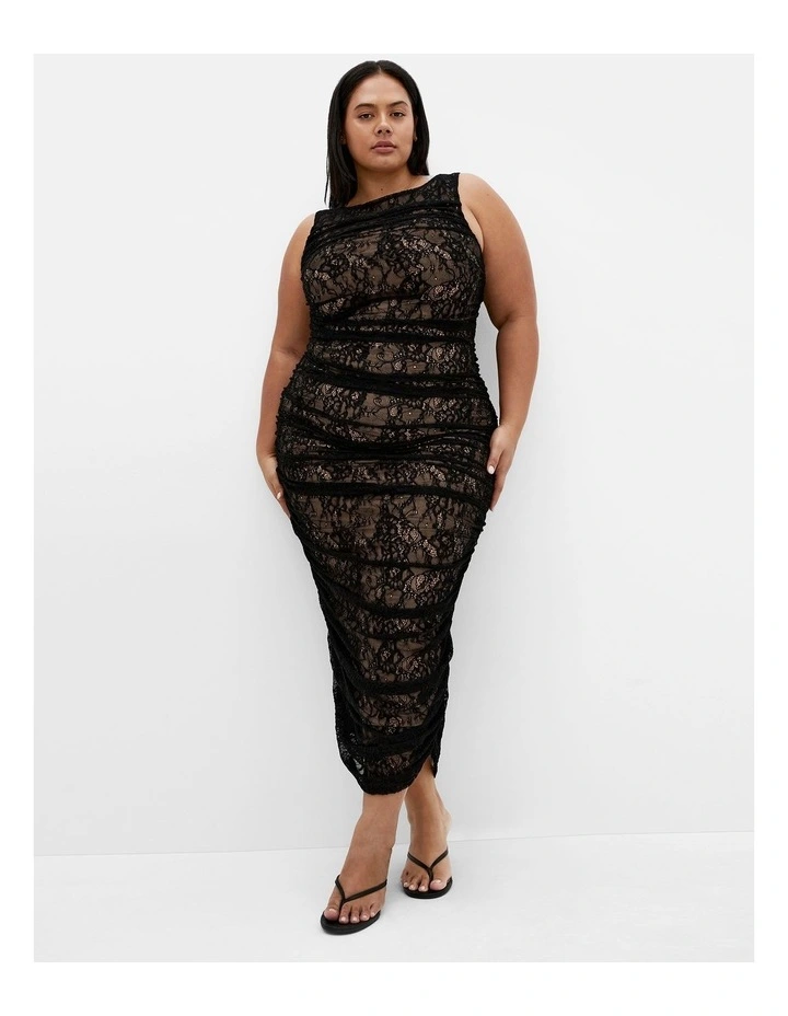 Halo Ruched Lace Midi Dress in Black image 1