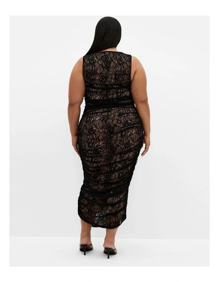 Halo Ruched Lace Midi Dress in Black image 2
