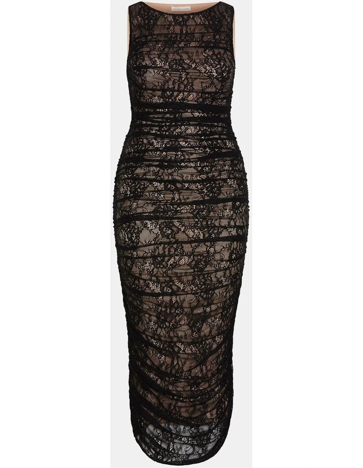 Halo Ruched Lace Midi Dress in Black image 3