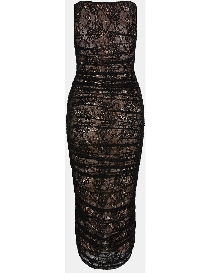 Halo Ruched Lace Midi Dress in Black image 4