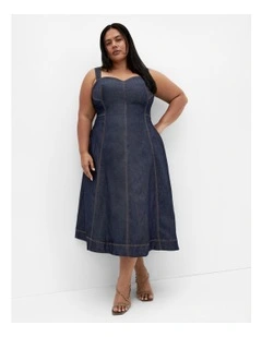 Denim Flare Midi Strappy Dress in Blue