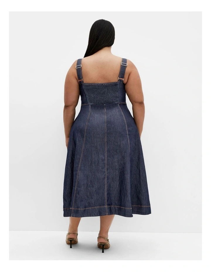 Denim Flare Midi Strappy Dress in Blue image 2