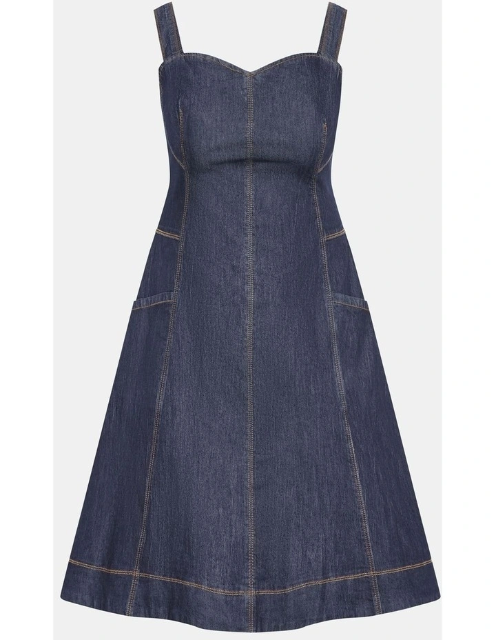 Denim Flare Midi Strappy Dress in Blue image 3