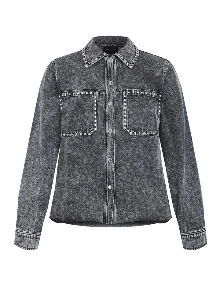 Denim Stud Shacket in Grey image 3