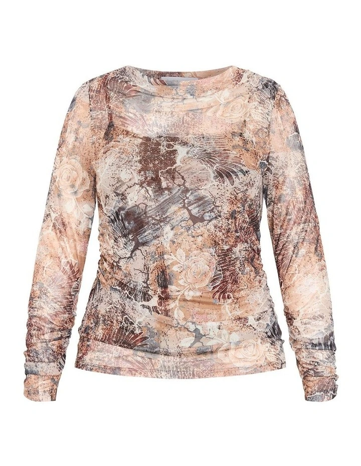 Lauryn Ruched Print Top in mocha image 3