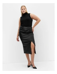 Petra Faux Leather Midi Skirt in Black