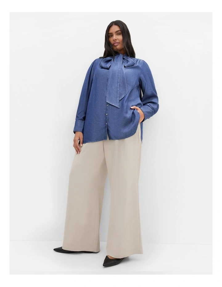 Chambray Bow Denim Shirt in Dark Wash image 1