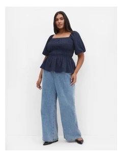 Irina Shirred Peplum Top in Navy