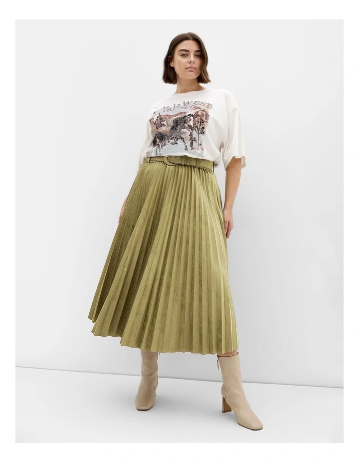 Sueded Pleat Midi Skirt in Sage image 1