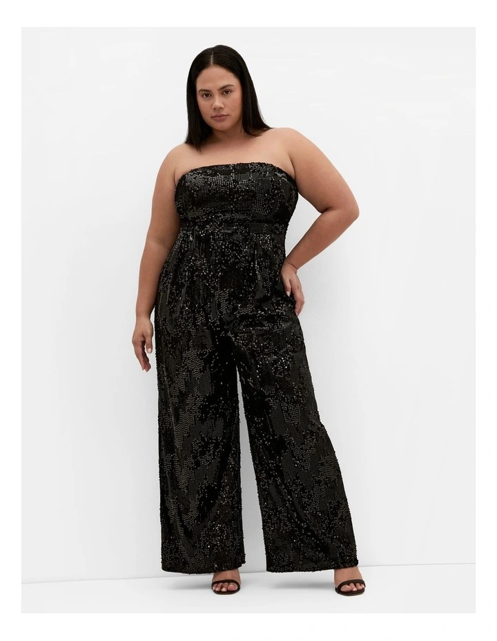 Glimmer Sequin Strapless Jumpsuit in Black image 1