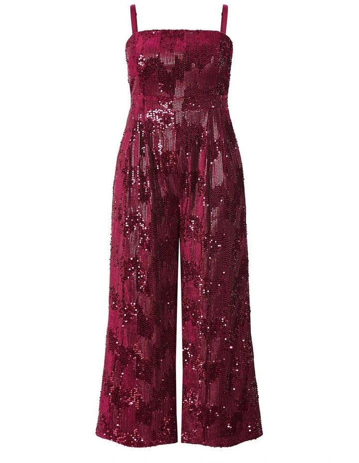 Glimmer Sequin Strapless Jumpsuit in Ruby image 3