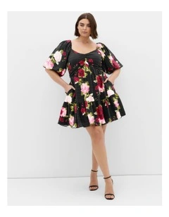 Mindy Print Babydoll Mini Dress in Black