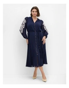 Adorn Sleeve Pleat Midi Dress in Navy
