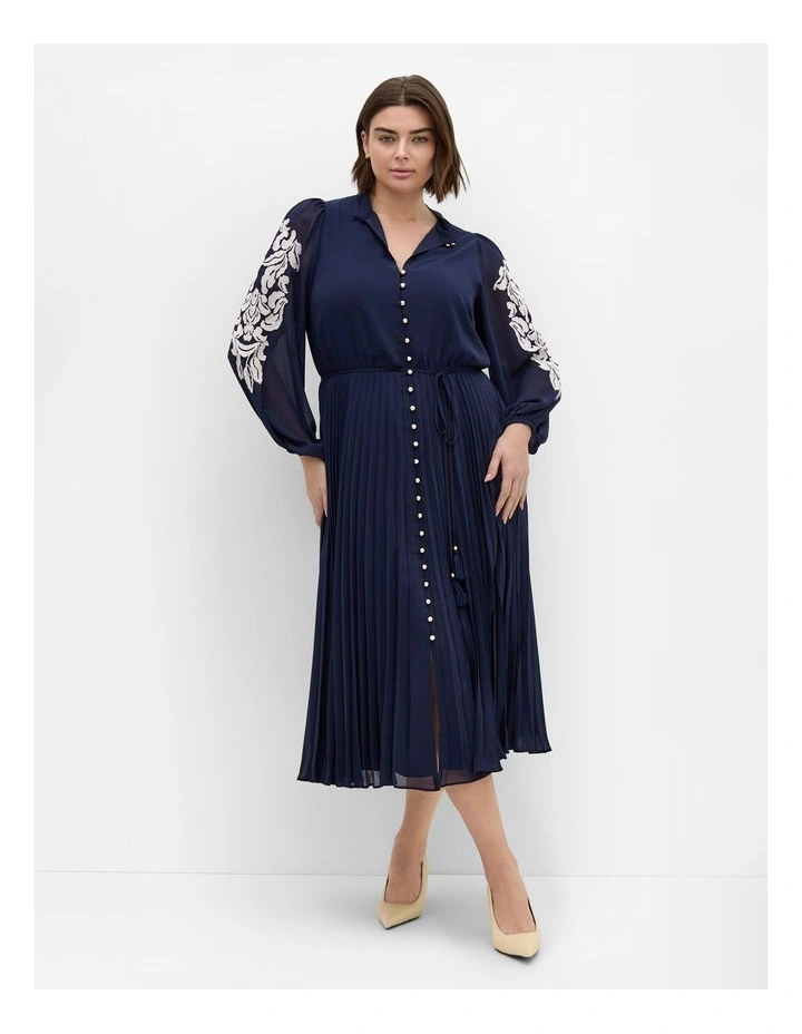 Adorn Sleeve Pleat Midi Dress in Navy image 1