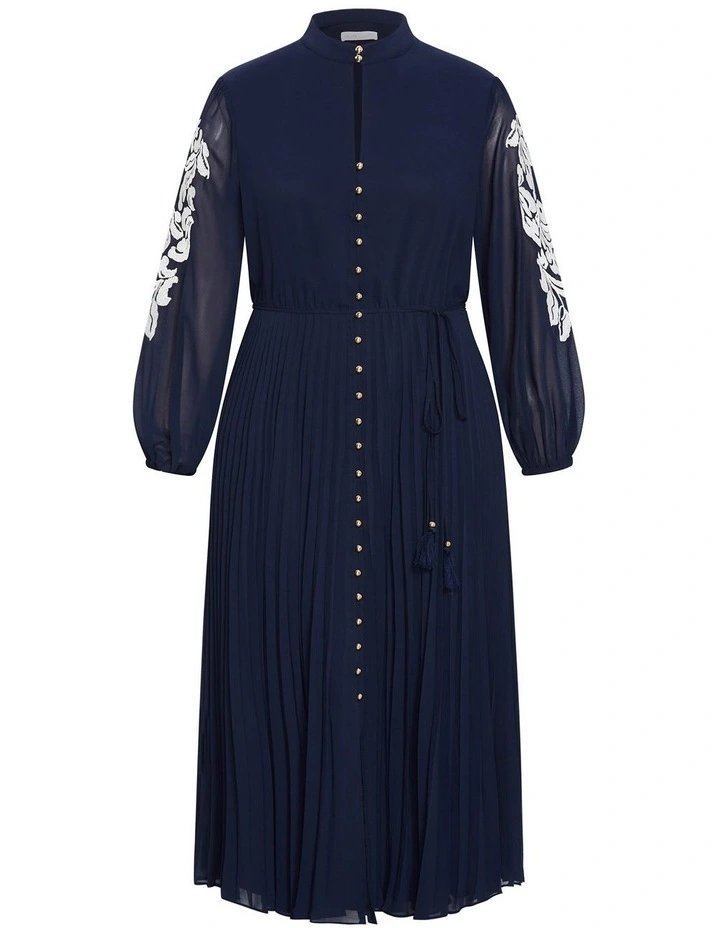 Adorn Sleeve Pleat Midi Dress in Navy image 3