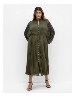 Adorn Sleeve Pleat Midi Dress in Olive