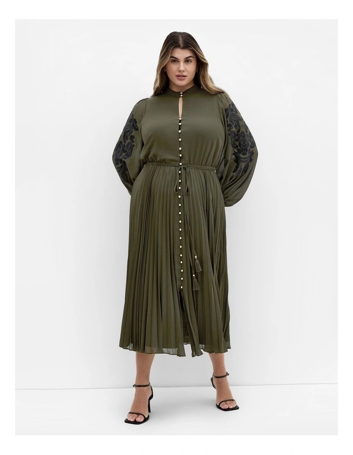 Adorn Sleeve Pleat Midi Dress in Olive image 1