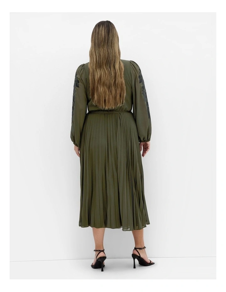 Adorn Sleeve Pleat Midi Dress in Olive image 2