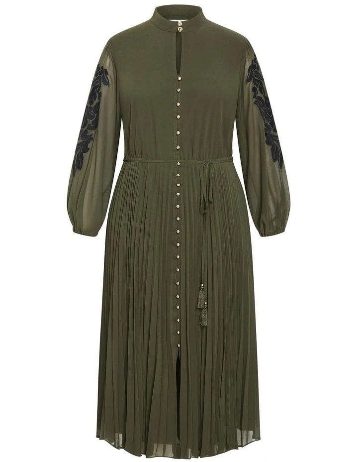 Adorn Sleeve Pleat Midi Dress in Olive image 3