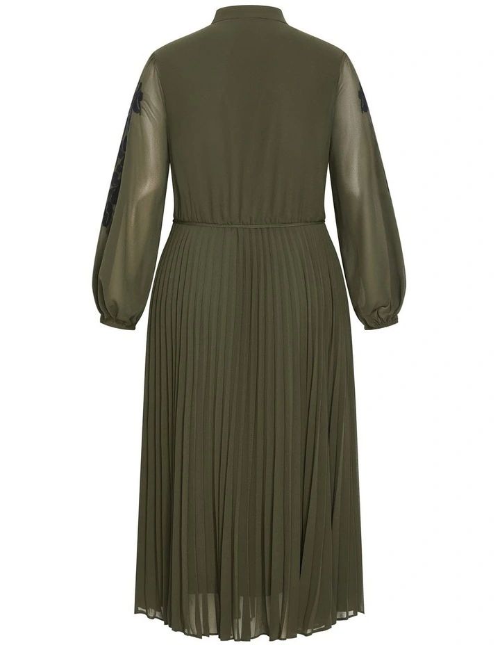 Adorn Sleeve Pleat Midi Dress in Olive image 4