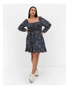 Lilly Long Sleeve Print Mini Dress in Navy