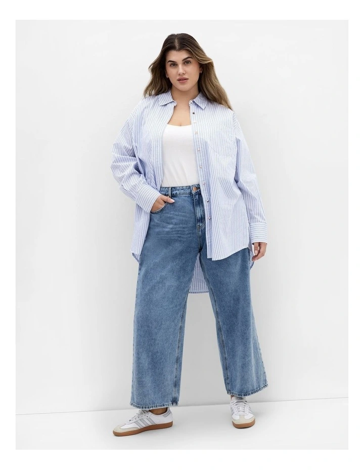 Lana Stripe Cotton Longline Shirt in White image 1