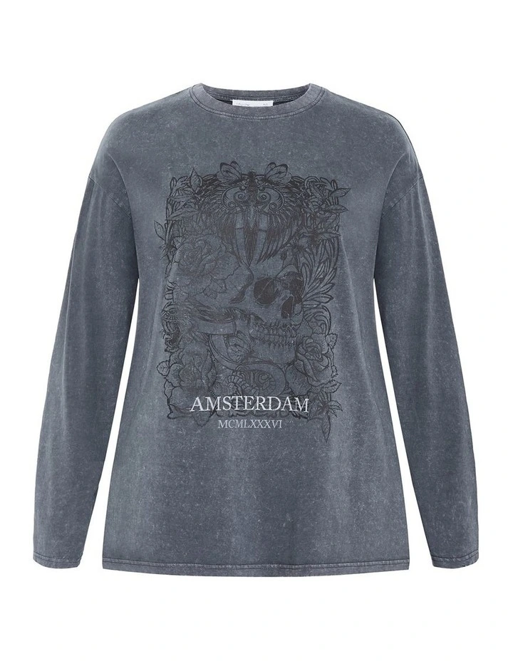 Casey Long Sleeve Cotton Tee in Charcoal Wash image 3