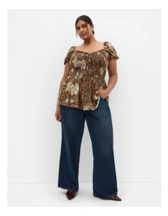 Azure Shirred Print Top in Mocha