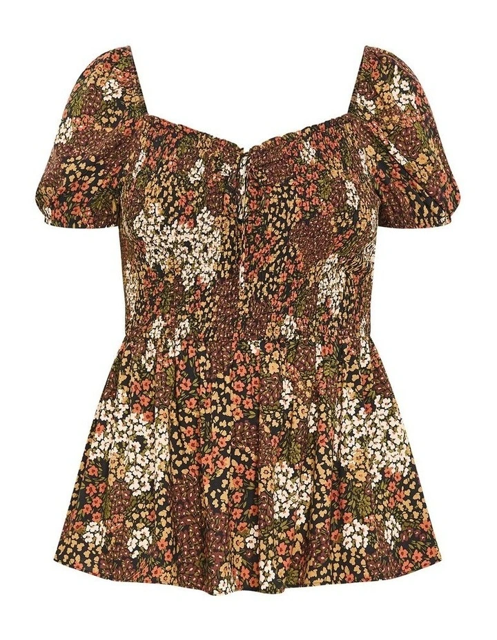 Azure Shirred Print Top in Mocha image 3