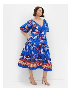 Simona Print Puff Sleeve Dress in Blue