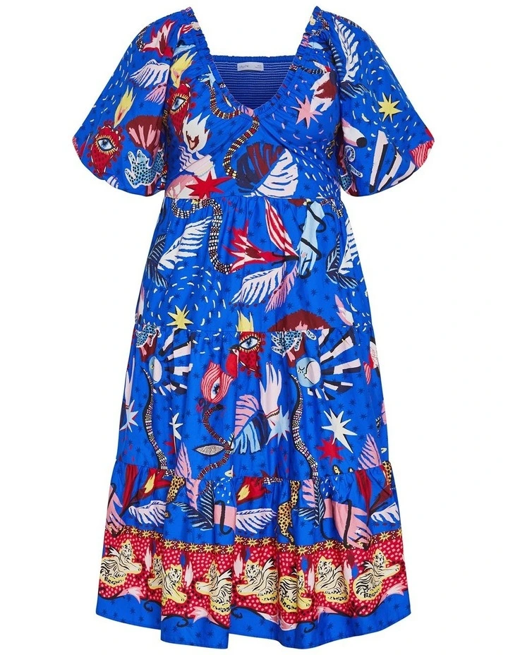 Simona Print Puff Sleeve Dress in Blue image 3