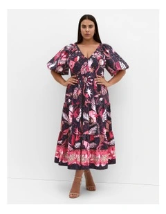 Simona Print Puff Sleeve Dress in Navy