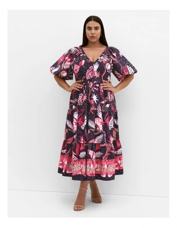 Plus Size Simona Print Puff Sleeve Dress in navy
