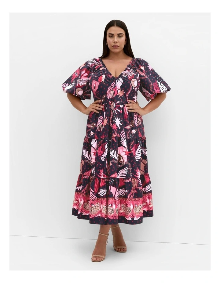 Simona Print Puff Sleeve Dress in Navy image 1
