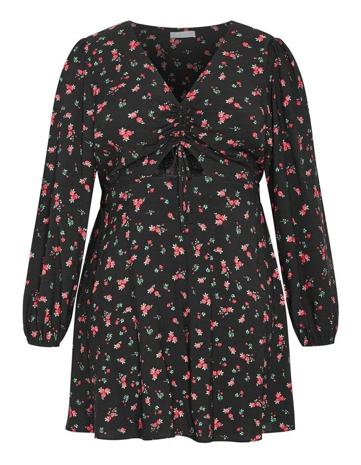 Jolene Long Sleeve Rose Print Dress in Black image 3