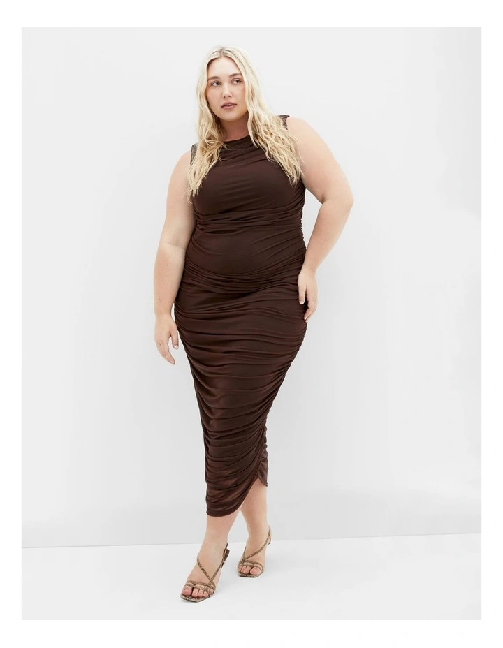 Halo Ruched Midi Dress in Brown image 1