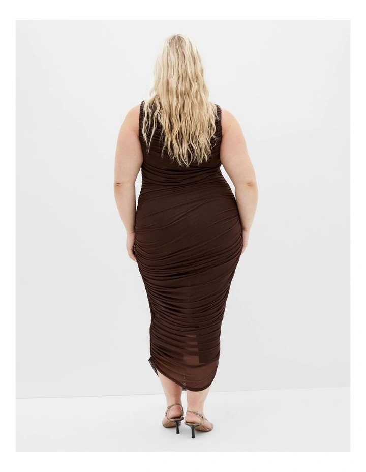 Halo Ruched Midi Dress in Brown image 2