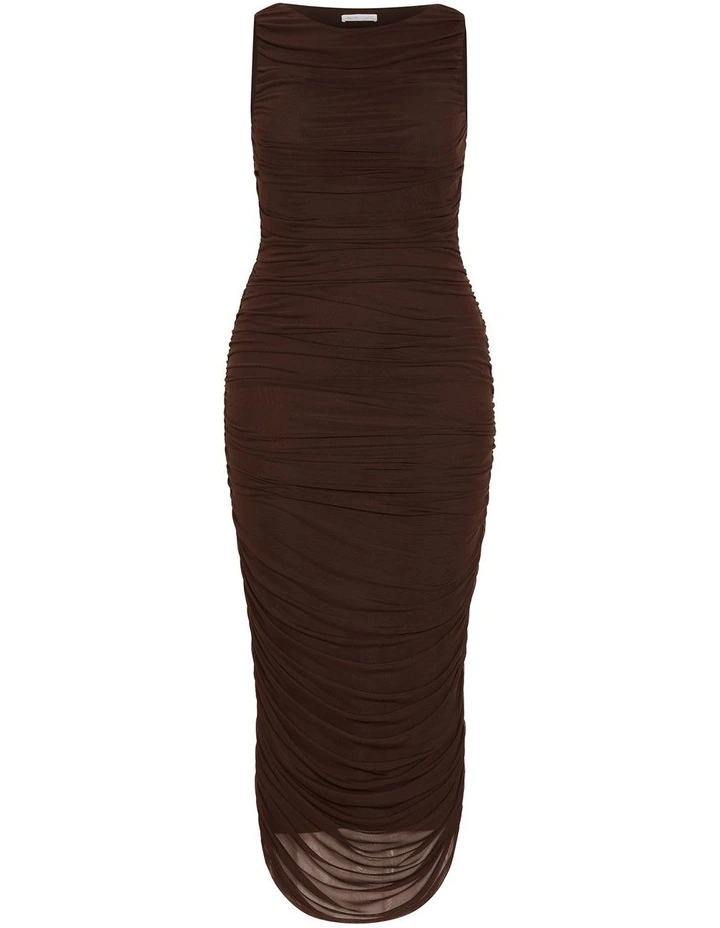 Halo Ruched Midi Dress in Brown image 3
