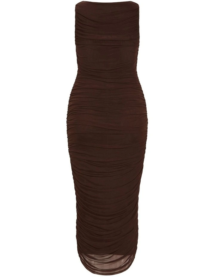 Halo Ruched Midi Dress in Brown image 4