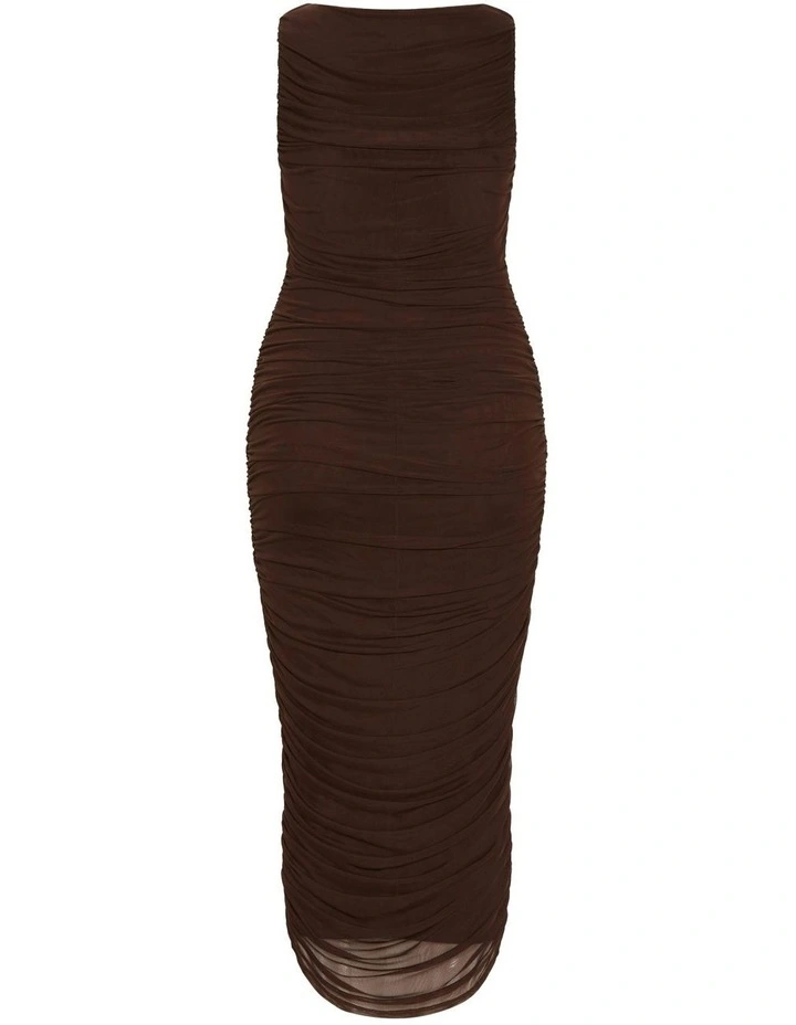 Halo Ruched Midi Dress in Brown image 5
