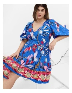 Simona Print Puff Sleeve Mini Dress in Blue