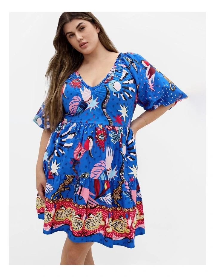 Simona Print Puff Sleeve Mini Dress in Blue image 2