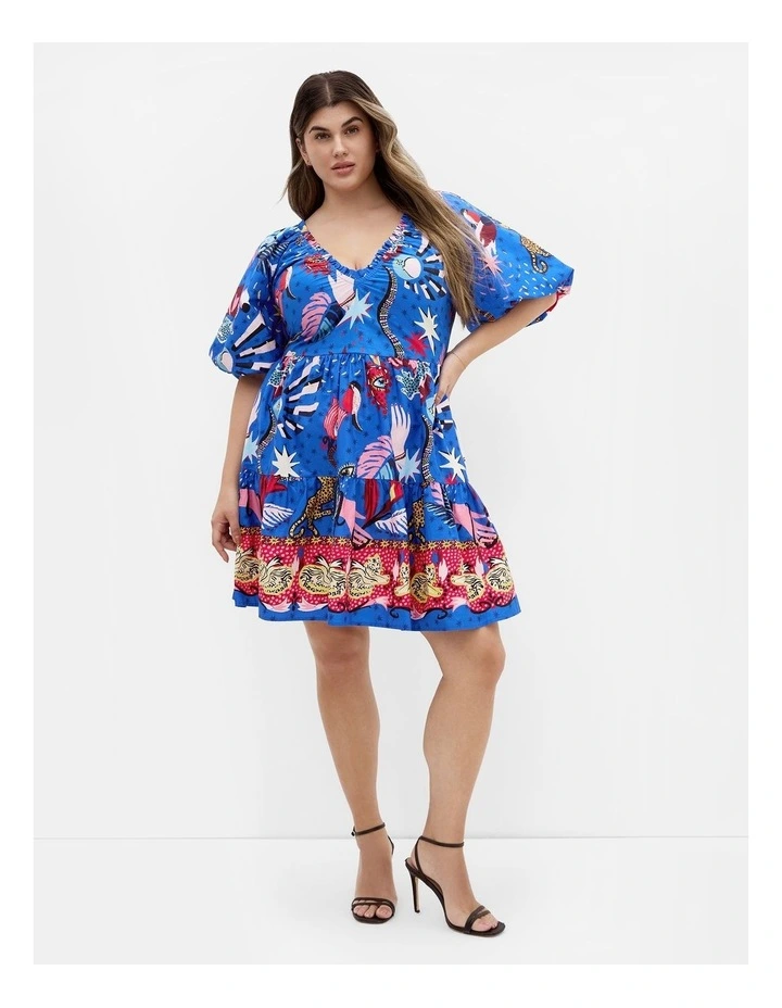 Simona Print Puff Sleeve Mini Dress in Blue image 3