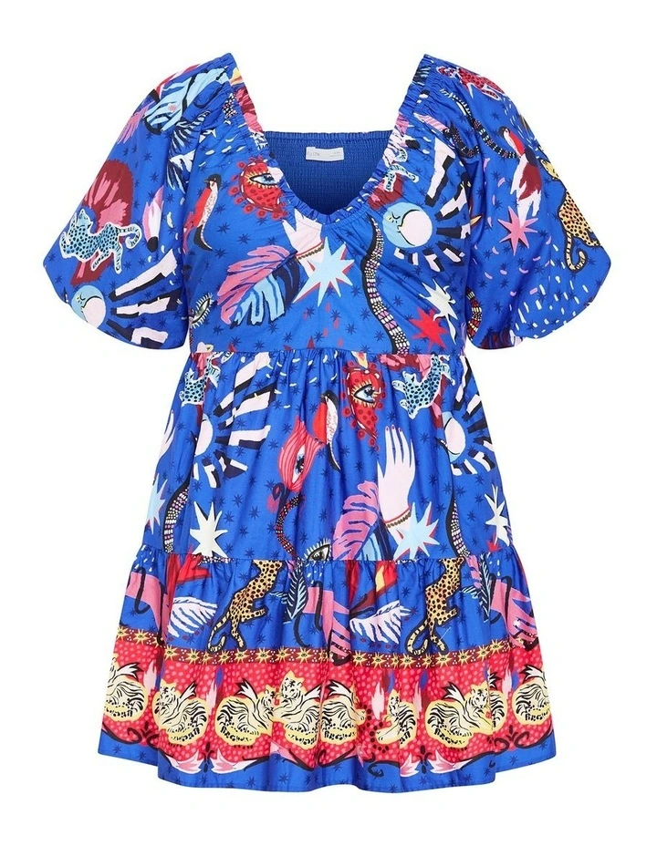 Simona Print Puff Sleeve Mini Dress in Blue image 6