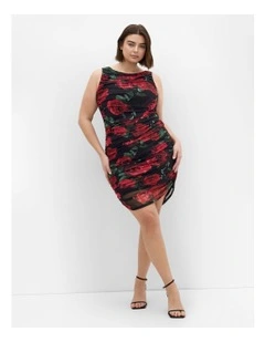 Halo Ruched Print Mini Dress in Black