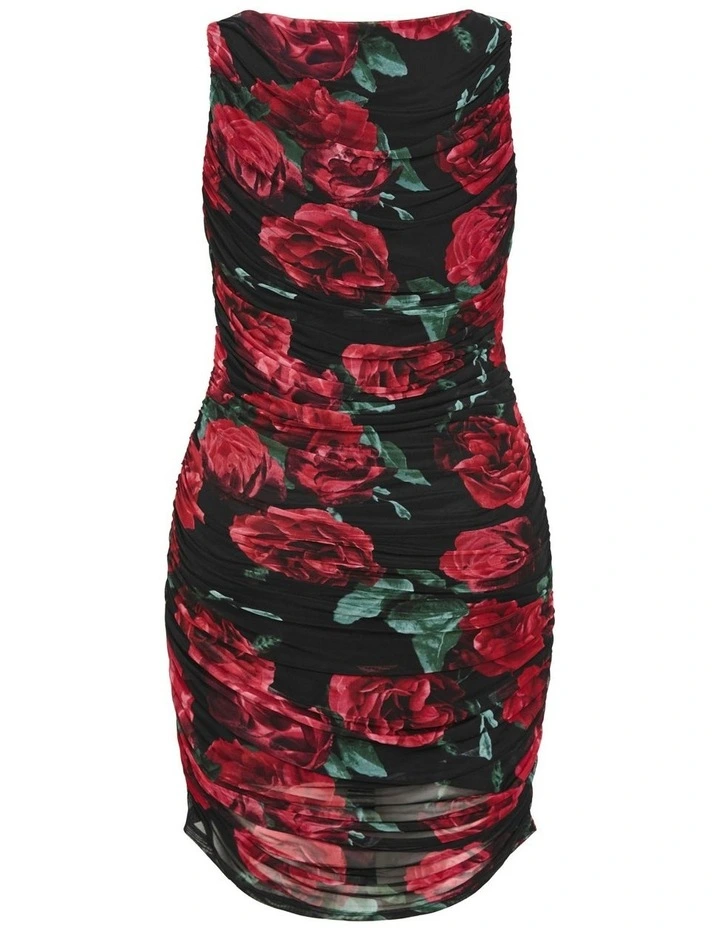 Halo Ruched Print Mini Dress in Black image 6